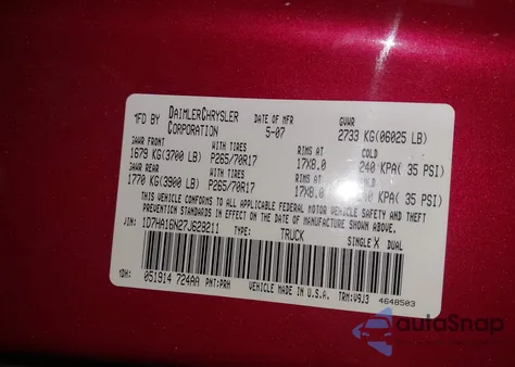 2007 Dodge Ram 1500 Slt/Sport из США, поврежденный, VIN 1D7HA16N27J628211